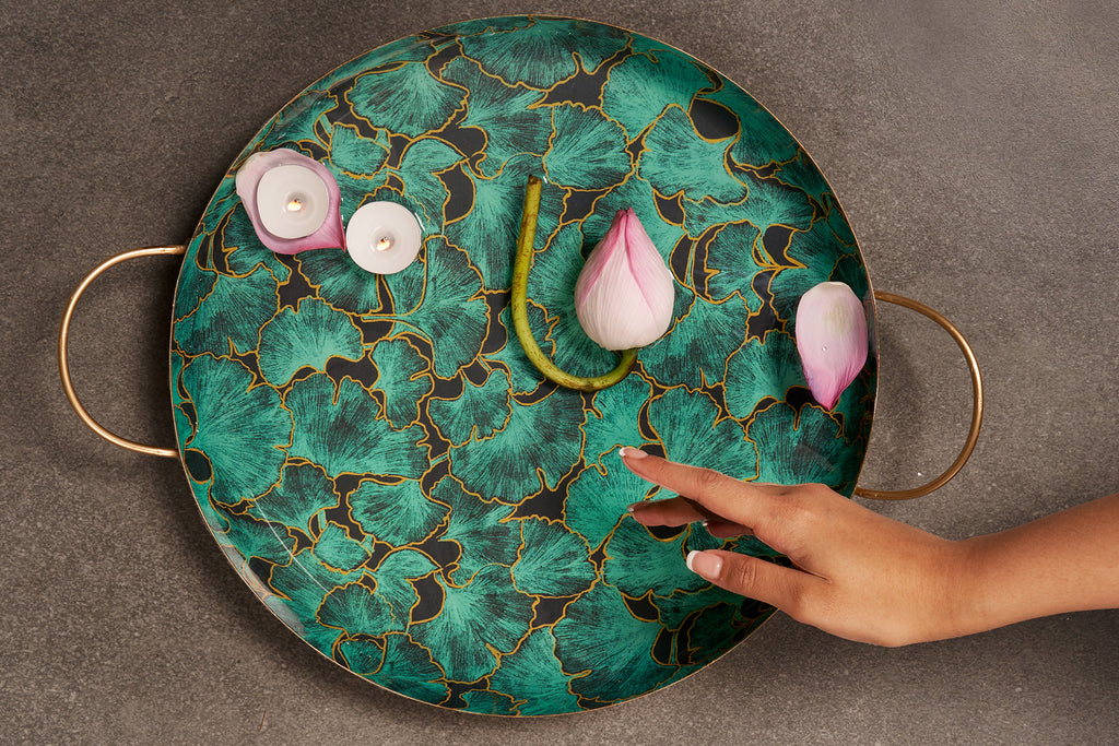 Coral Aqua and Black Round Urli Tray