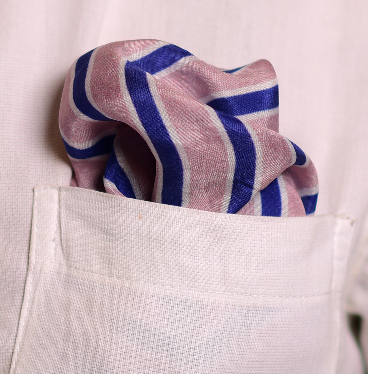 Peach And Blue Geometric Printed Pure Silk Pocket Square.