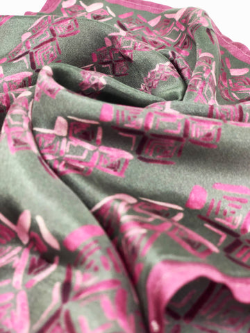 Grey And Rose Pink Colour Story Geometric Printed Pure Silk Pocket Square.